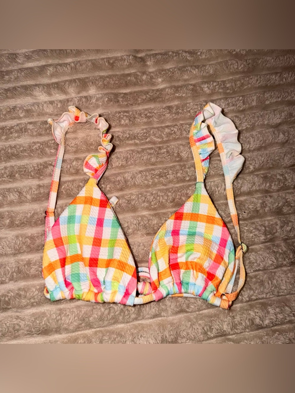 Colorful Plaid Ruffle Triangle Bikini Set - Picture 4 of 7